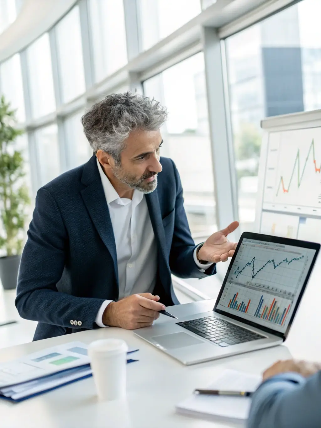 An image of a financial advisor reviewing investment portfolios on a digital tablet with UK stock charts in the background, used to represent Portfolio Management services.