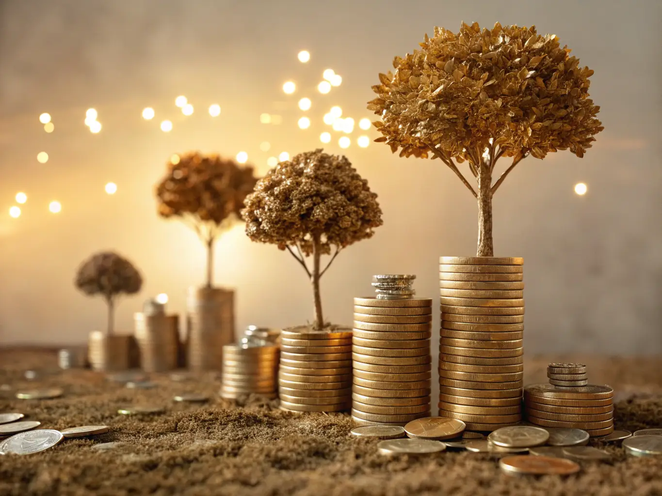 A visual representation of wealth growing over time, such as a tree growing with money as leaves, symbolizing the growth of investments and financial security.