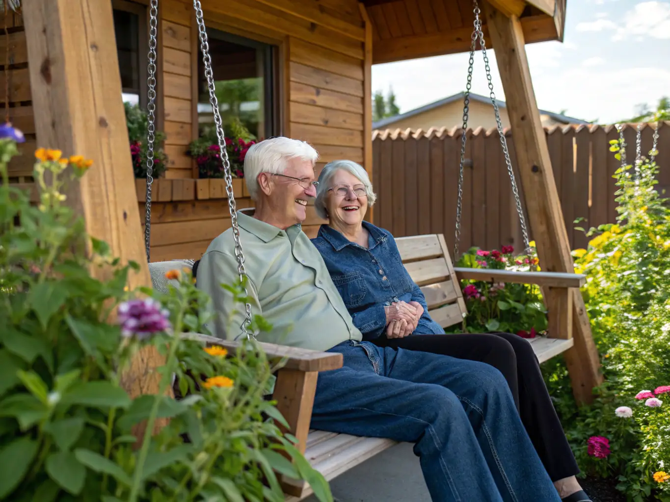 An elderly couple smiling and relaxed, sitting on a porch swing, representing the peace of mind and financial security achieved through retirement planning.