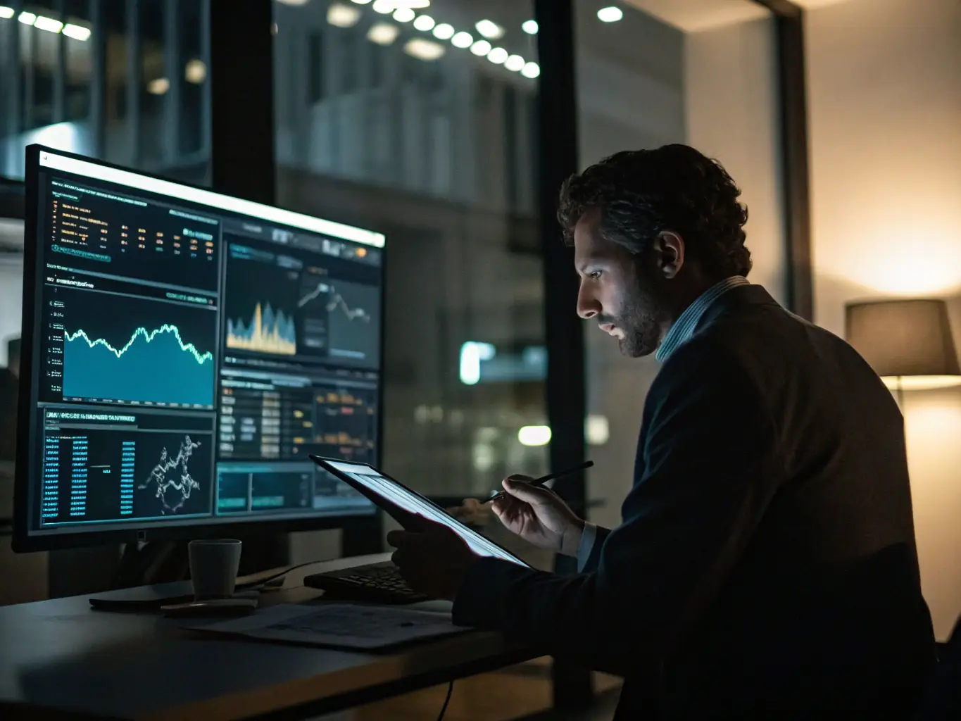 A professional financial advisor reviewing a client's portfolio on a laptop in a modern office setting, with charts and graphs visible on the screen, representing portfolio performance and investment analysis.